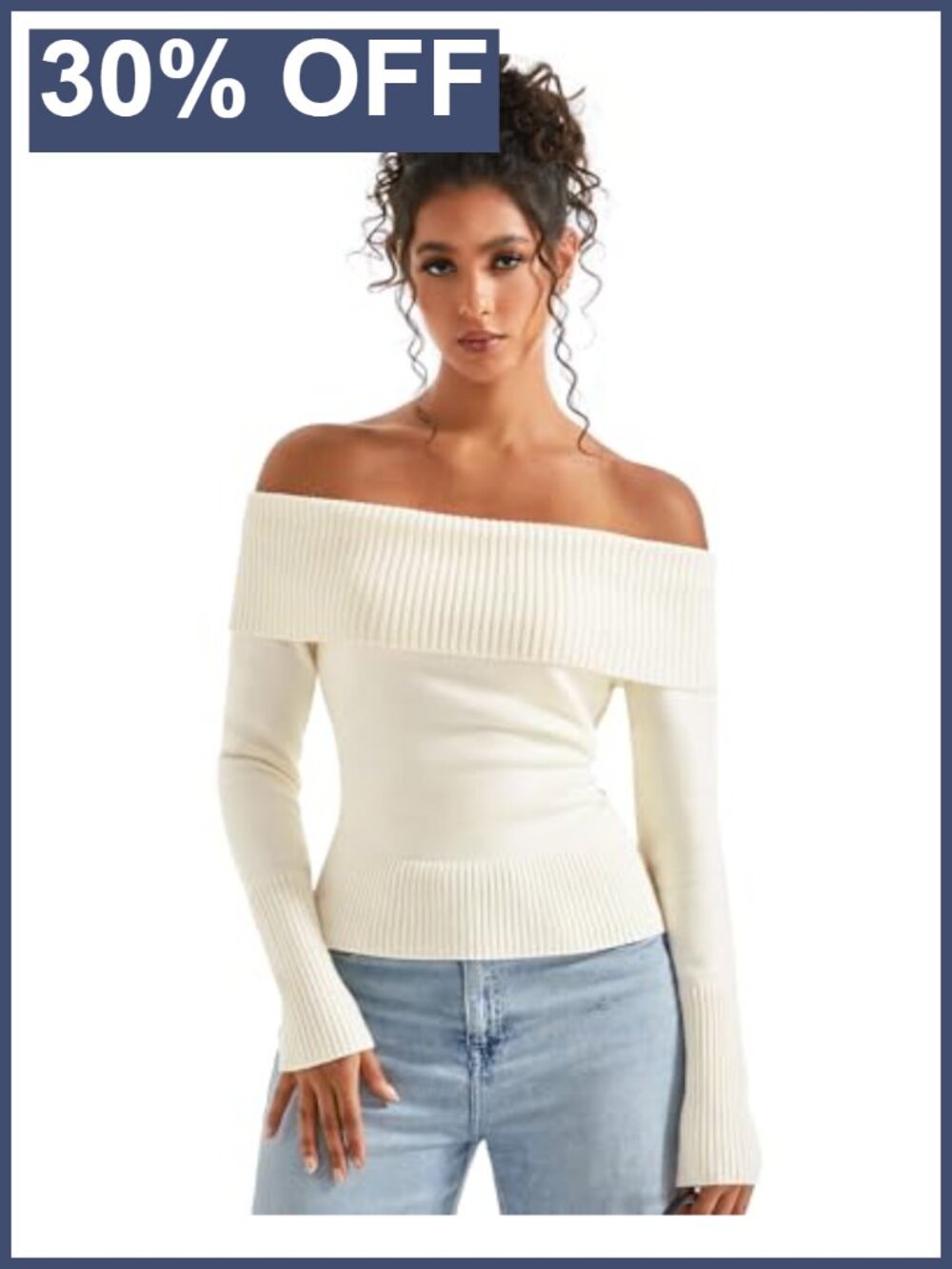 Off Shoulder Ribbed Knit Sweater Long Sleeve Pullover Casual Top